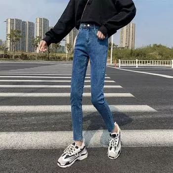 Весенне-осенние новые женские джинсы, узкие эластичные узкие брюки-карандаш с двойной пряжкой, модные модные брюки 26 синий