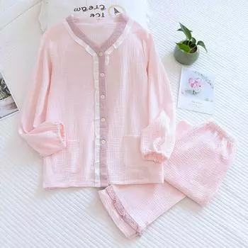 Весенне-осенние новые женские пижамы, брюки с длинными рукавами, комплект из двух предметов, 100% хлопок, креп, V-образный вырез, однотонный свежий комплект домашней одежды M светло-розовый