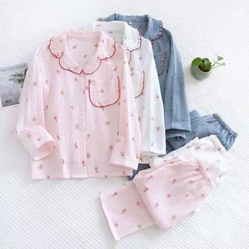 Весенне-осенние новые женские пижамы с длинными рукавами, брюки, комплект из двух предметов, 100% хлопок, креп, милый домашний костюм больших размеров, женский костюм M синий