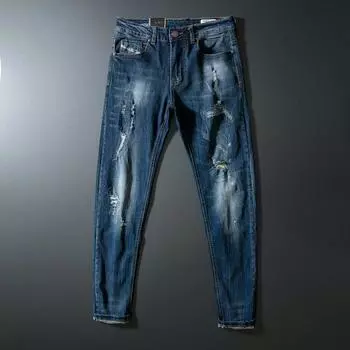 Весенне-осенние обычные мужские эластичные джинсы, мужские винтажные потертые повседневные маленькие прямые брюки 28