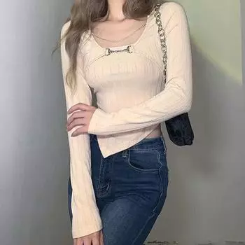 Весенне-осенние офисные женские модные футболки из двух предметов с цепочкой, трикотажные футболки с длинными рукавами, облегающая одежда 28249 One Size абрикосовый