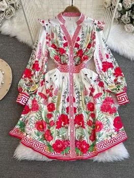 Весенне-осенние платья, женские винтажные великолепные вечерние мини-платья с v-образным вырезом и длинными рукавами, цветочным принтом и высокой талией S жёлтый