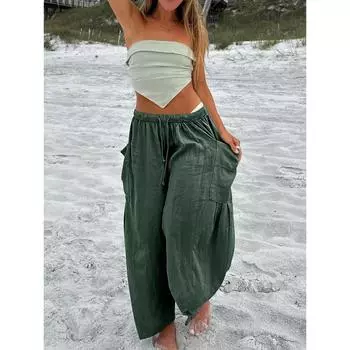 Весенне-осенние полосатые брюки прямого кроя, плиссированные брюки длиной девять дюймов на эластичной талии, дышащие повседневные брюки для женщин S зелёный