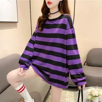 Весенне-осенние повседневные футболки большого размера для женщин с длинным рукавом, корейские студенческие футболки в фиолетовую зеленую полоску, модная универсальная женская одежда, простая футболка L зелёный