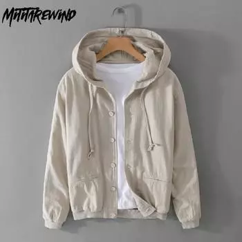 Весенне-осенние повседневные куртки для мужчин, повседневное пальто с капюшоном, хлопково-льняная куртка на пуговицах, молодежная мужская одежда в китайском стиле в стиле ретро M чёрный