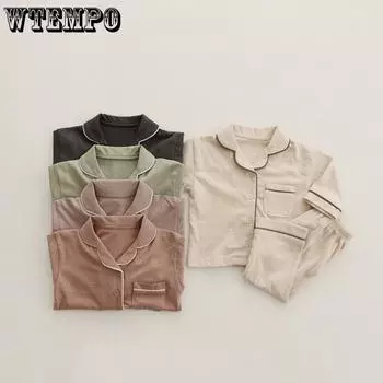 Весенне-осенние простые свободные пижамные комплекты для маленьких мальчиков и девочек, однотонная хлопковая одежда для сна с длинными рукавами для малышей, костюмы из 2 предметов, От 0 до 5 лет 80 бежевый