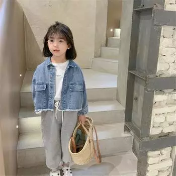 Весенне-осенние свободные джинсовые куртки с милыми пуговицами для девочек, повседневные удобные топы 140 синий