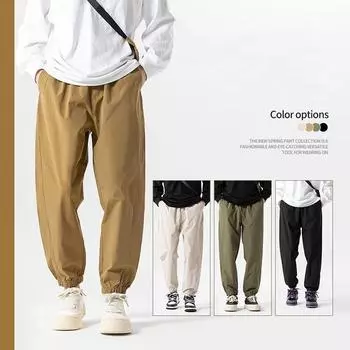 Весенне-осенние свободные прямые повседневные брюки, японские модные брендовые брюки-карго, мужские однотонные широкие брюки-корсеты S чёрный