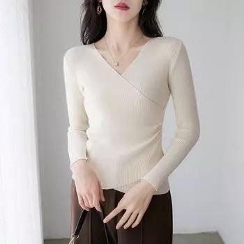Весенне-осенние тонкие вязаные свитера с v-образным вырезом, женские модные топы, однотонные приталенные пуловеры, повседневные свитера с длинными рукавами, одежда 28214 S чёрный