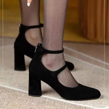 Весенне-осенние туфли Мэри Джейн с двойной пряжкой, женские модельные туфли на высоком каблуке, черные пикантные туфли-лодочки с ремешком на щиколотке, туфли из искусственной замши 35 чёрный