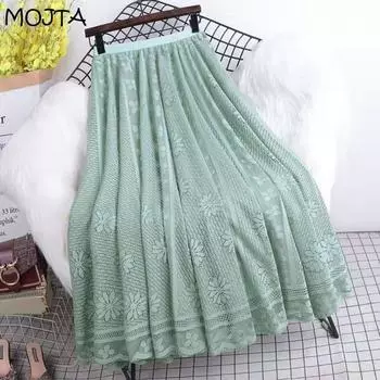Весенне-осенние тюлевые юбки средней длины с эластичной резинкой на талии, женская модная эластичная сетчатая плиссированная юбка с высокой талией