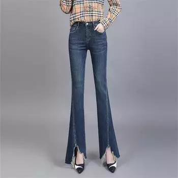 Весенне-осенние винтажные широкие брюки с высокой талией, эластичные женские расклешенные джинсы, женские модные узкие джинсовые брюки для женщин S синий