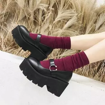 Весенне-осенние винтажные туфли Лолиты на массивном каблуке, туфли на платформе, школьные туфли Мэри Джейн с пряжкой и ремешком 35 чёрный