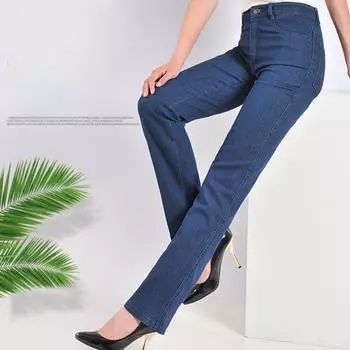 Весенне-осенние женские эластичные джинсовые брюки больших размеров с высокой талией, прямые свободные джинсовые брюки, брюки 38 темно-синий