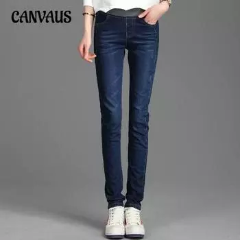 Весенне-осенние женские эластичные джинсы со средней талией больших размеров, эластичные брюки небольшого размера 26 темно-синий