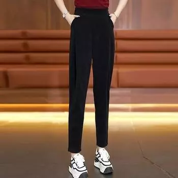 Весенне-осенние женские эластичные карманы с высокой талией, свободные повседневные шаровары в стиле ретро XXXL чёрный