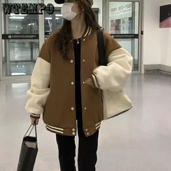 Весенне-осенние женские бейсбольные куртки Harajuku, повседневные свободные карманы, корейский бомбер, толстовка, униформа, уличная одежда, топы, пальто M кофейный