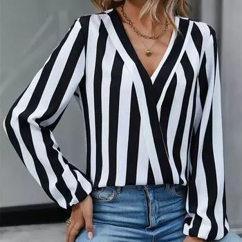 Весенне-осенние женские большие размеры, свободные полосатые блузки в стиле ретро, шифоновые топы с длинными рукавами и v-образным вырезом L чёрный