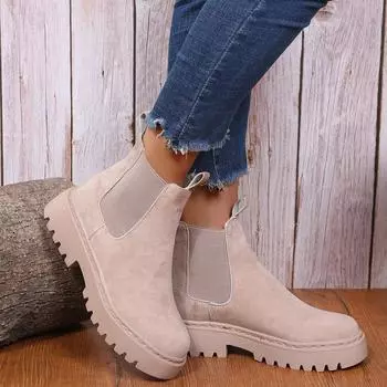Весенне-осенние женские ботильоны на квадратном каблуке с круглым носком без шнуровки, женская обувь на среднем каблуке, женские модные повседневные ботинки на платформе 35 бежевый