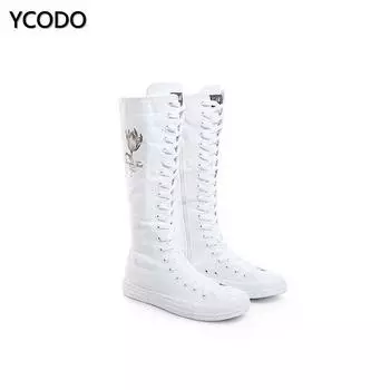 Весенне-осенние женские ботинки, парусиновые сапоги до середины икры, повседневная обувь с высоким берцем, длинные сапоги, удобные ботинки на плоской подошве со шнуровкой, размер 34-43 43 белый