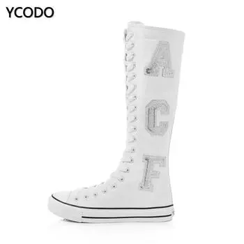 Весенне-осенние женские ботинки, парусиновые сапоги до середины икры, повседневная обувь с высоким берцем, длинные сапоги, удобные ботинки на плоской подошве со шнуровкой, размер 34-43 43 белый