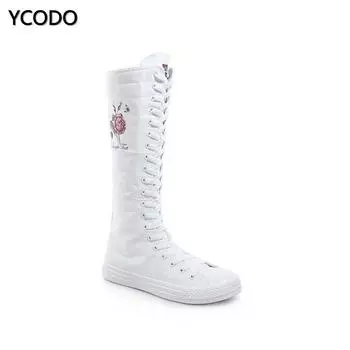 Весенне-осенние женские ботинки, парусиновые сапоги до середины икры, повседневная обувь с высоким берцем, длинные сапоги, удобные ботинки на плоской подошве со шнуровкой, размер 34-43 43 белый