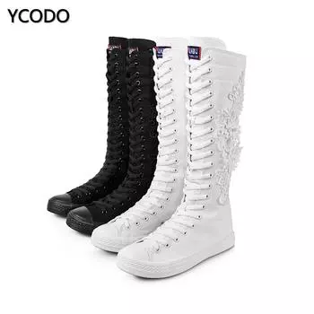 Весенне-осенние женские ботинки, парусиновые сапоги до середины икры, повседневная обувь с высоким берцем, длинные сапоги, удобные ботинки на плоской подошве со шнуровкой, размер 34-43 43 белый