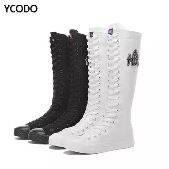 Весенне-осенние женские ботинки, парусиновые сапоги до середины икры, повседневная обувь с высоким берцем, длинные сапоги, удобные ботинки на плоской подошве со шнуровкой, размер 34-43 43 белый