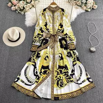 Весенне-осенние женские брендовые дизайнерские платья с принтом на подиуме, длинное свободное вечернее платье макси на шнуровке M