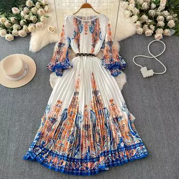 Весенне-осенние женские брендовые дизайнерские платья с принтом, длинные макси-негабаритные свободные плиссированные вечерние халаты с поясом One Size