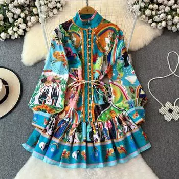 Весенне-осенние женские брендовые дизайнерские платья с рукавами-фонариками и принтом, элегантные вечерние платья для подиума M