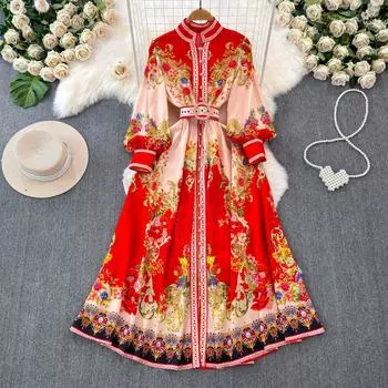 Весенне-осенние женские брендовые дизайнерские винтажные праздничные пляжные платья с принтом, однобортный длинный вечерний халат макси S красный