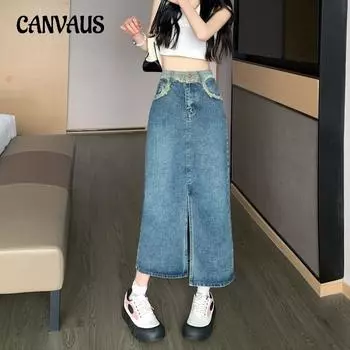 Весенне-осенние женские брюки Design Sense Vintage с разрезом, трапециевидной юбкой средней длины с высокой талией, джинсовой юбкой средней длины, полубоди S синий