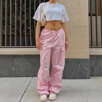 Весенне-осенние женские брюки-карго для бега, повседневные свободные брюки с низкой талией и завязками, уличная одежда, одежда Y2K S белый