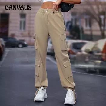 Весенне-осенние женские брюки, модные рабочие брюки с высокой талией Y2k, повседневные брюки с карманами XS хаки