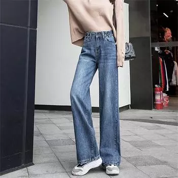 Весенне-осенние женские брюки, модные винтажные повседневные свободные джинсовые брюки с высокой талией, прямые широкие брюки в стиле Харадзюку, женская уличная одежда 25 синий