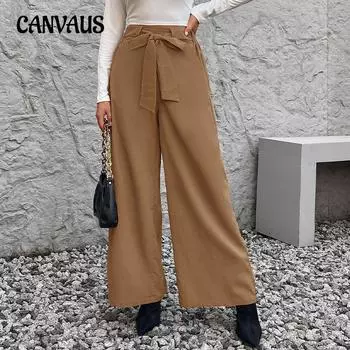 Весенне-осенние женские брюки, однотонные брюки с завязками, прямые брюки с высокой талией и широкими штанинами, простые брюки премиум-класса S хаки