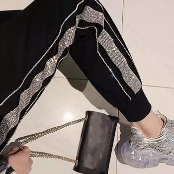 Весенне-осенние женские брюки со стразами и высокой талией, шаровары, свободные тонкие универсальные черные брюки XXL белый