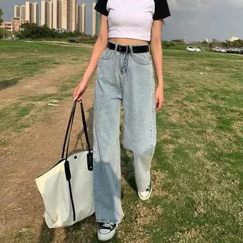 Весенне-осенние женские джинсовые брюки с высокой талией, универсальные прямые повседневные прямые джинсовые брюки с широкими штанинами, большие размеры S чёрный