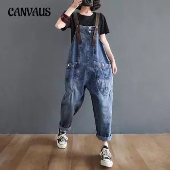 Весенне-осенние женские джинсы больших размеров, комбинезон в стиле ретро, свободные удобные повседневные джинсовые брюки с широкими штанинами L синий