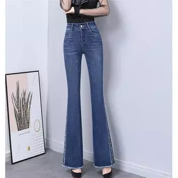 Весенне-осенние женские джинсы-клеш, эластичные винтажные джинсы с высокой талией и кисточками, повседневные прямые брюки, женская уличная одежда в стиле Харадзюку S синий