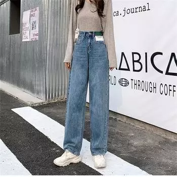 Весенне-осенние женские джинсы. Новые брюки с высокой талией. Прямые джинсовые брюки контрастного цвета. Простая уличная одежда в корейском стиле. Свободная повседневная одежда. 25 синий