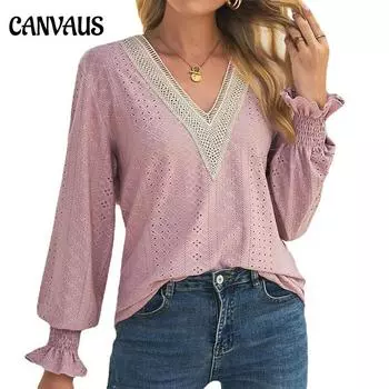Весенне-осенние женские футболки, топы, свободные полые кружевные рубашки с v-образным вырезом и длинными рукавами S светло-розовый