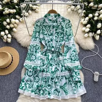 Весенне-осенние женские кружевные лоскутные платья с рукавами-фонариками, элегантные однобортные вечерние праздничные платья M синий