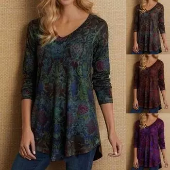 Весенне-осенние женские модные свободные повседневные блузки с цветочным принтом, рубашки с длинным рукавом и v-образным вырезом с цветочным принтом S зелёный