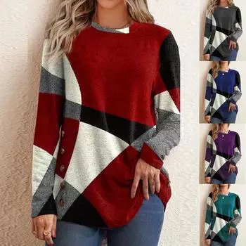 Весенне-осенние женские модные топы, свободная футболка с контрастным принтом, футболка с длинным рукавом и круглым вырезом S красный