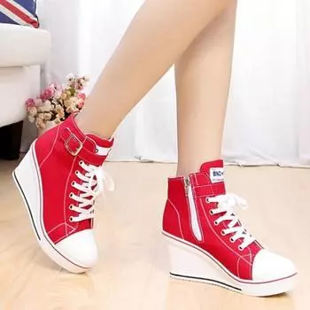 Весенне-осенние женские парусиновые туфли на высоком каблуке с толстой подошвой и боковой молнией на 8 см, на наклонном каблуке 36 красный