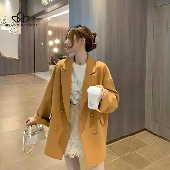 Весенне-осенние женские пиджаки, офисные женские корейские элегантные оранжево-желтые повседневные свободные однобортные женские пиджаки S чёрный