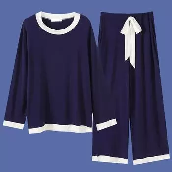 Весенне-осенние женские пижамы, милые старинные домашние костюмы большого размера с длинными рукавами, однотонный цвет L темно-синий