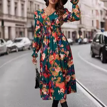 Весенне-осенние женские платья макси, повседневное тонкое платье с длинным рукавом и v-образным вырезом с цветочным принтом, женское длинное платье в стиле Bohe для пляжной вечеринки Mujer Vestidos XL